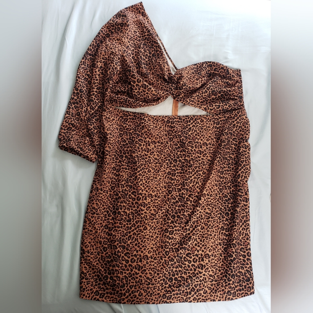 PLT Leopard Print Asymmetrical One Shoulder Cocktail Y2K Dress